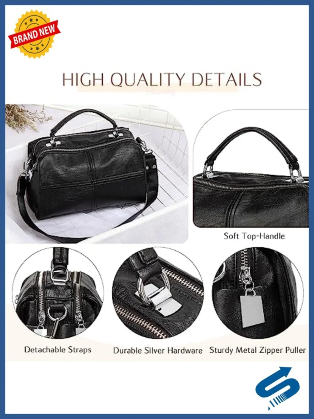 Vegan Leather Crossbody Satchel Bag - Top Handle Shoulder Purse
